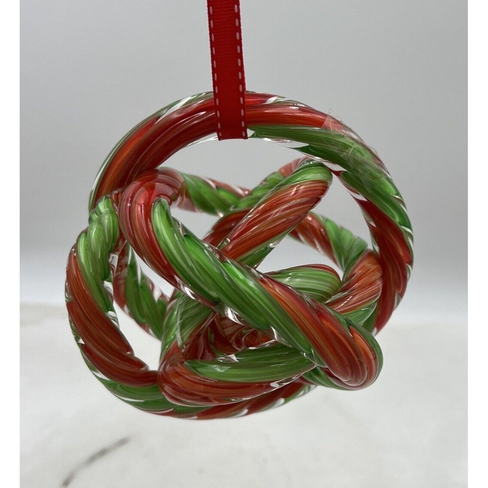 Blown Art Glass Ornament Sculpture Twist Rope Knot Fusion Z Red Green Holiday